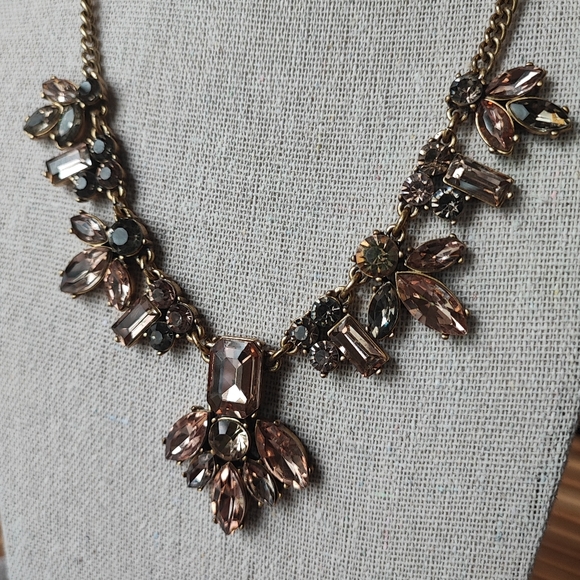 J Crew Emerald Cut Peach and Smoke Rhinestone Statement Necklace Citrine Navette - Picture 6 of 16